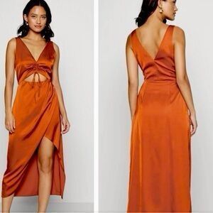 NEW Abercrombie & Fitch Cinch-Front Satin Sleeveless Midi Dress in Paprika Mediu